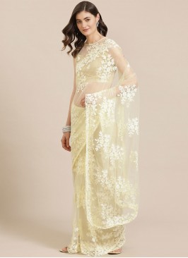 Net Embroidered Cream Saree