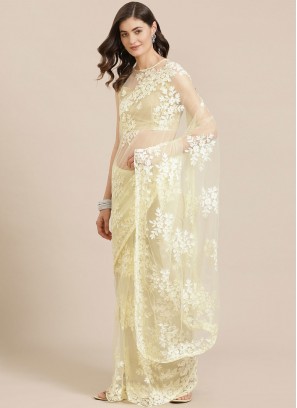 Net Embroidered Cream Saree