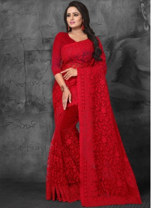 Net Embroidered Designer Saree in Red