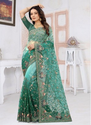 Net Embroidered Designer Traditional Saree in Rama