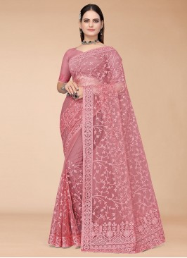 Net Embroidered Hot Pink Designer Saree