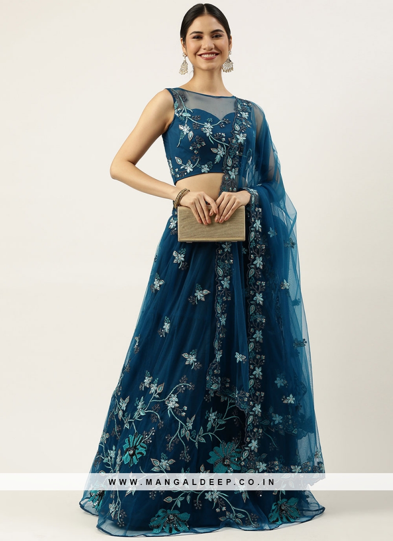 Net Embroidered Lehenga Choli in Blue and Teal