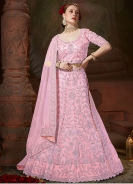 Net Embroidered Lehenga Choli in Rose Pink
