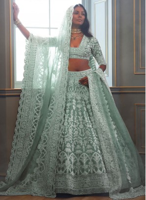 Net Embroidered Lehenga Choli in Turquoise