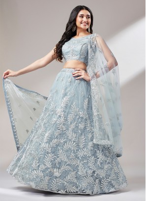 Net Embroidered Long Choli Lehenga in Grey