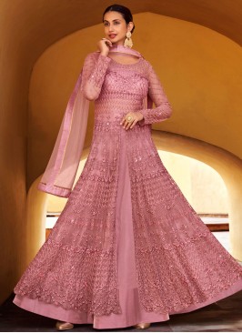 Net Embroidered Long Choli Lehenga in Pink