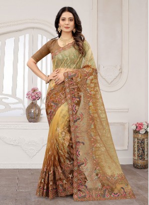 Net Embroidered Mustard Classic Designer Saree