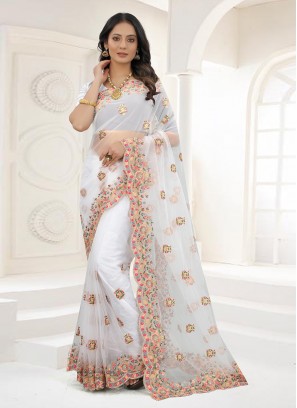 Net Embroidered Off White Designer Saree