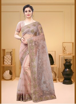 Net Embroidered Peach Classic Saree