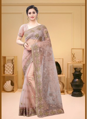 Net Embroidered Peach Classic Saree