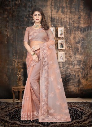 Net Embroidered Peach Contemporary Saree