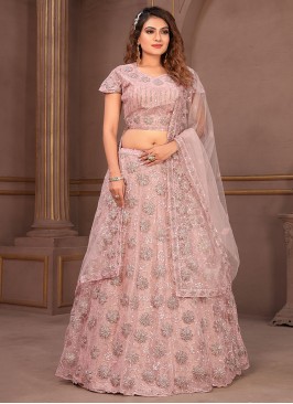 Net Embroidered Peach Readymade Lehenga Choli