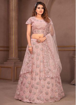 Net Embroidered Peach Readymade Lehenga Choli