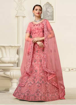 Net Embroidered Pink A Line Lehenga Choli