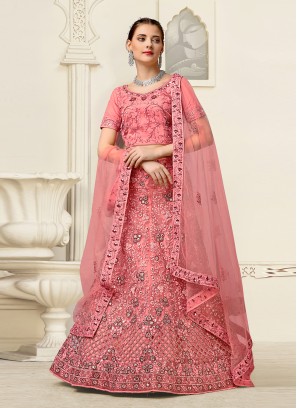 Net Embroidered Pink A Line Lehenga Choli