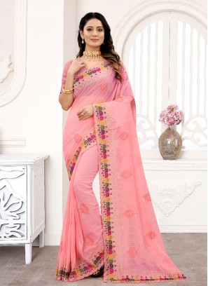 Net Embroidered Pink Classic Saree