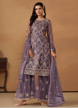 Net Embroidered Purple Salwar Kameez