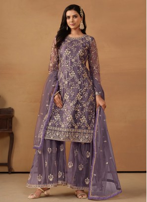 Net Embroidered Purple Salwar Kameez