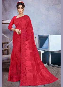 Net Embroidered Red Trendy Saree