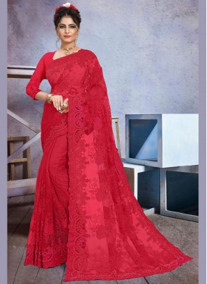Net Embroidered Red Trendy Saree