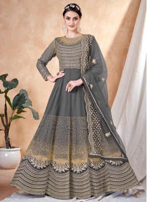 Net Embroidered Salwar Kameez in Grey