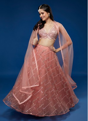 Net Embroidered Trendy Lehenga Choli in Peach