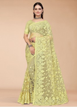 Net Embroidered Trendy Saree in Green