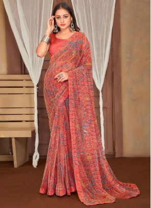 Net Embroidered Trendy Saree in Peach