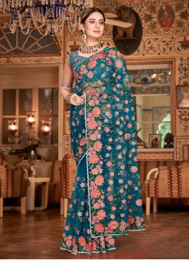 Net Embroidered Trendy Saree in Teal
