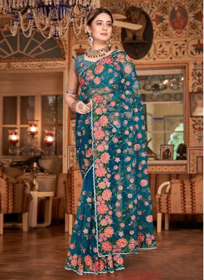 Net Embroidered Trendy Saree in Teal