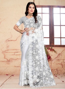 Net Embroidered White Saree