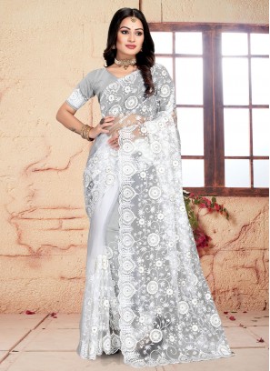 Net Embroidered White Saree