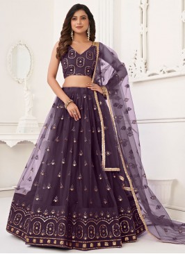 Net Embroidered Wine Lehenga Choli