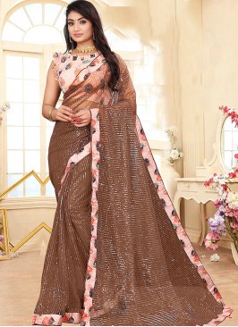 Net Fabulous Brown Color Party Wear Saree