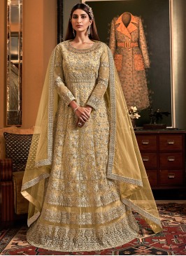 Net Floor Length Anarkali Salwar Suit in Yellow
