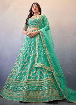 Net Green Embroidered A Line Lehenga Choli