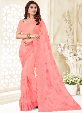 Net Hot Pink Embroidered Classic Designer Saree