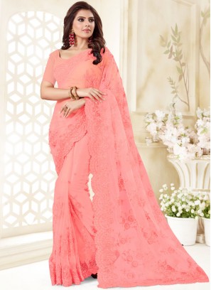Net Hot Pink Embroidered Classic Designer Saree