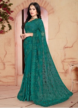 Net Khatli Work Teal Classic Saree