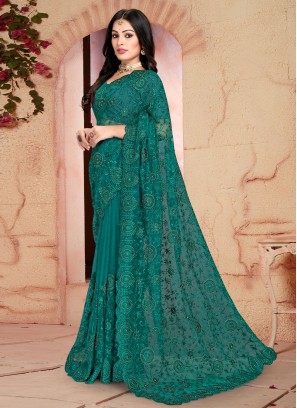 Net Khatli Work Teal Classic Saree