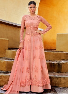 Net Long Choli Lehenga in Peach