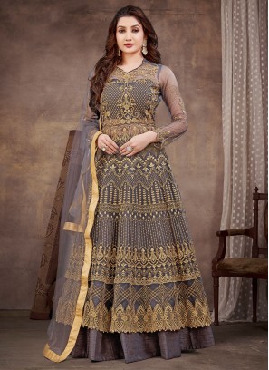 Net Long Length Anarkali Salwar Suit in Grey