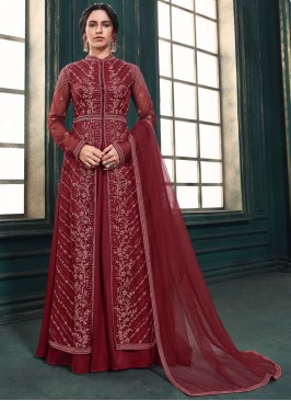 Net Maroon Embroidered Designer Floor Length Suit