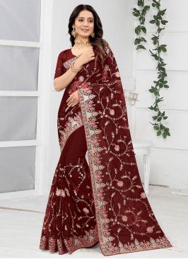 Net Maroon Resham Traditional Saree