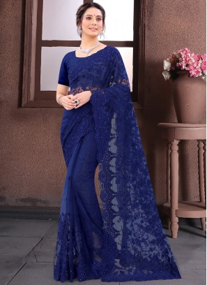 Net Navy Blue Contemporary Saree