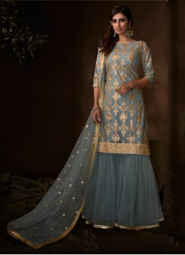 Net Palazzo Salwar Kameez in Grey