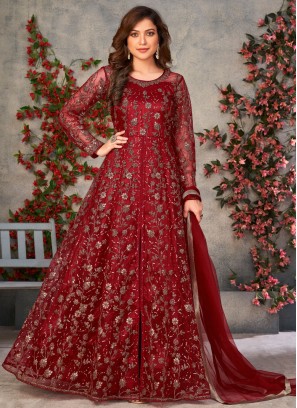 Net Pant Style Suit in Red