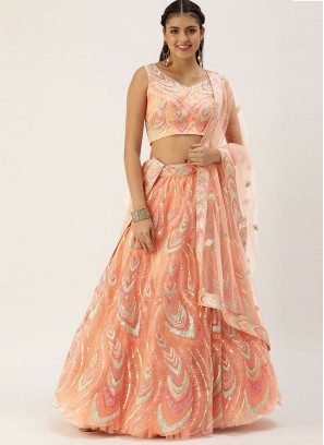 Net Peach Designer Long Lehenga Choli