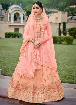 Net Peach Embroidered A Line Lehenga Choli