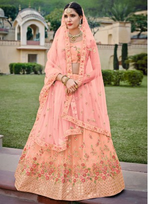 Net Peach Embroidered A Line Lehenga Choli